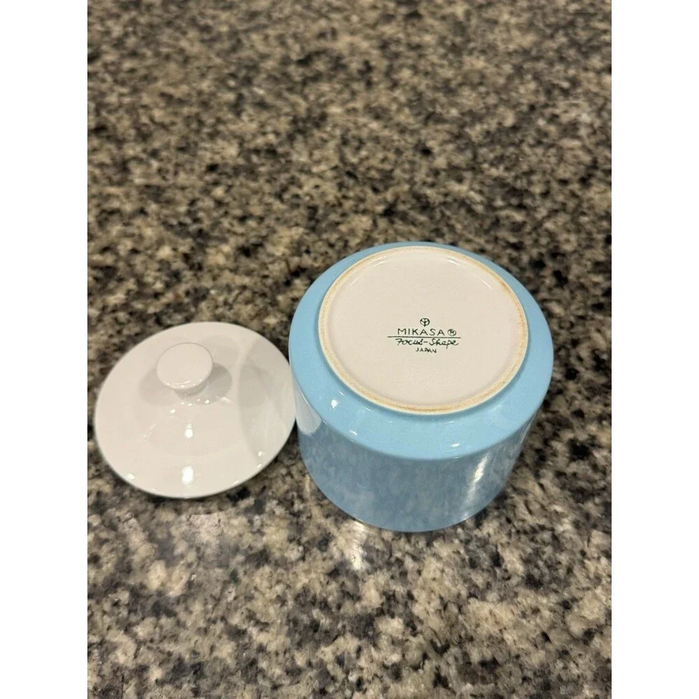 Vintage MIKASA Focus Shape Blue Sugar Bowl With Lid